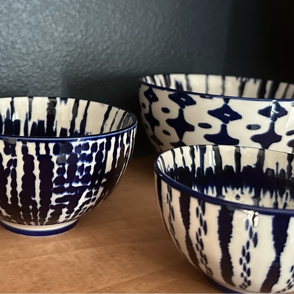 3 West Elm Blue and White Ceramic Art Bowls